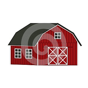 Doodle cartoon alone red wooden barn house, gray roof, windows and doors with crossed white boards. Vector Outline isolated hand