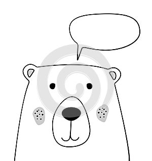 Doodle cartoon bear with chat cloud sketch illustration. Talking, dialogue. Speech bubble. Teddy bear. Wild animal. Postcard