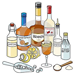 Doodle cartoon Brandy Crusta cocktail and ingredients composition. Bottles of brandy and maraschino liquor, orange