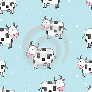 Doodle cartoon cows seamless pattern.