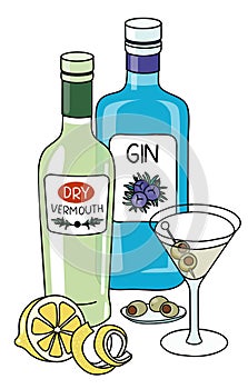 Doodle cartoon dry martini cocktail and ingredients composition. A bottle of gin and dry vermouth, lemon and olives. For
