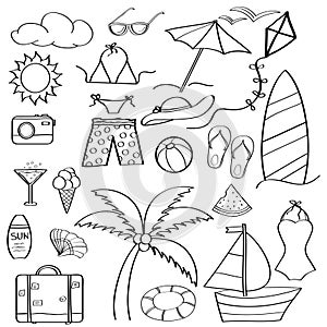 Doodle cartoon items summer holiday collection For coloring.
