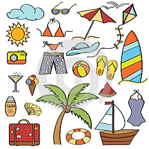 Doodle cartoon items summer holiday collection