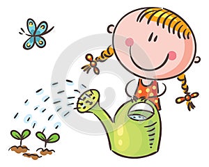 Doodle cartoon kid watering plants. Girl with watering-can