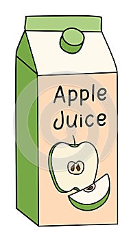 Doodle cartoon style apple juice in a box pack. Refreshing healthy natural drink, cocktail ingredient. For card