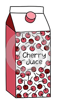 Doodle cartoon style cherry juice in a box pack. Refreshing healthy natural drink, cocktail ingredient. For card