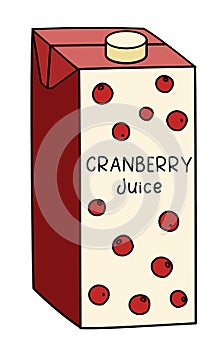 Doodle cartoon style cranberry juice in a box pack. Refreshing healthy natural drink, cocktail ingredient. For card