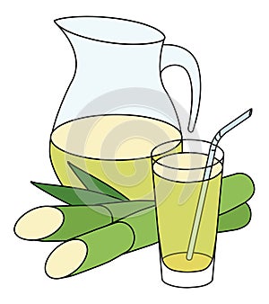 Doodle cartoon style green yellow sugarcane juice in a jug. Refreshing healthy natural drink, cocktail ingredient. For