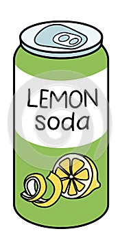 Doodle cartoon style lemon soda lemonade in a can. Refreshing soft drink, cocktail ingredient. For card, stickers