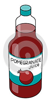Doodle cartoon style red pomegranate juice in a bottle. Refreshing healthy natural drink, cocktail ingredient. For card