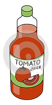 Doodle cartoon style red tomato juice in a bottle. Refreshing healthy natural drink, cocktail ingredient. For card