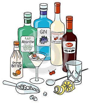 Doodle cartoon tuxedo cocktail and ingredients composition. A bottle of gin and red vermouth, absinthe and lemon. For