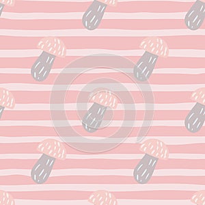 Doodle cartoon vegie seamless pattern with mushroom ornament. Pink striped background