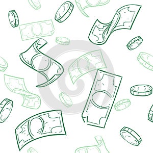 Doodle cash flow. Raining money seamless vector pattern. Falling sketch dollars background