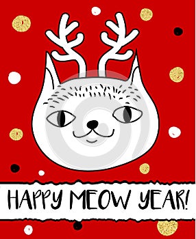 Doodle cat in Christmas deer horns headband. Modern postcard, flyer design template. Seasonal winter new year greeting card