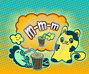 Doodle cat fish cloud drinking drink and thinking MMM