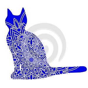 Doodle cat mandala in blue and white for page adult coloring books, animal vector pattern. Antistress design.
