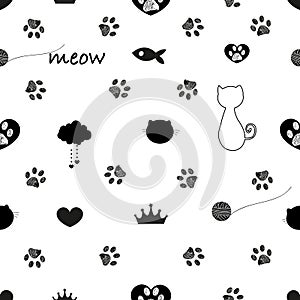 Doodle cat paw prints. Cat silhouette, fish, crown, hearts, meow text... etc symbols seamless fabric design pattern vector