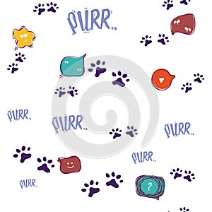 Doodle cat paw seamless background. Purr. Abstract cat paw vector seamless pattern for card, invitation, poster, banner