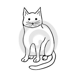 Doodle cat sits and stares, black and white illustration