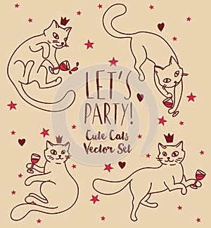 Doodle cats drinking wine