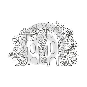 Doodle cats and flowers illustration for coloring book.