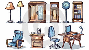 Doodle chairs, computer tables, lamps, and cupboards. Modern hand drawn icons representing conference table equipment