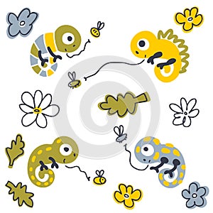 Doodle chameleons catch fly set. Perfect for T-shirt, stickers, textile and print. Cartoon style vector illustration