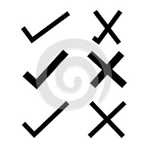 Doodle check mark and cross mark icon set. Tick symbol. checklist signs