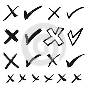 Doodle check mark and cross mark icon set. Tick symbol. checklist signs