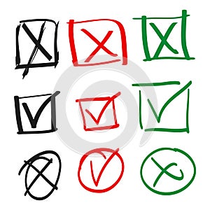 Doodle check mark and cross mark icon set. Tick symbol. checklist signs