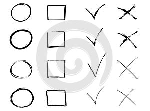 Doodle check marks. Hand drawn checkbox, examination mark and checklist marks.