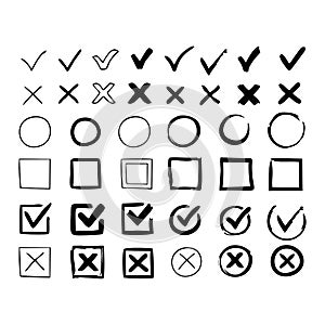 Doodle check marks. hand drawn checkbox, examination mark and checklist marks. check signs