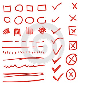 Doodle check marks and underlines. Hand drawn red strokes and pen markings V marks for list items vector