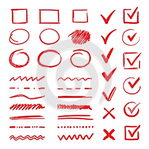 Doodle check marks and underlines. Hand drawn red strokes and pen V marks for list items. Vector marker check signs and