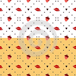 Doodle checkered grid seamless pattern. Hand drawn cartoon style design illustration, cute hearts symbols, lips