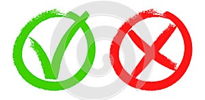 Doodle checkmarks. Grunge brush stroke tick and cross signs. Green v mark, red x sign. Yes or no checklist marks in