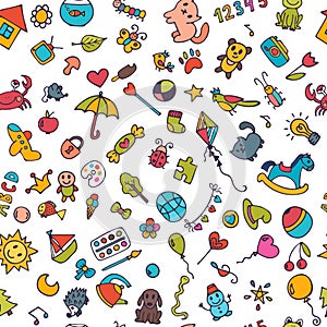 Doodle children background. Seamless pattern for cute little girls and boys. Sketch set of drawings in child style
