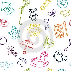 Doodle children drawing background. Seamless pattern for cute li