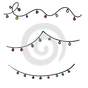 Doodle Christmas lights. Holiday festive xmas decoration. Colorful string fairy light set. Lightbulb glowing garland. Rainbow