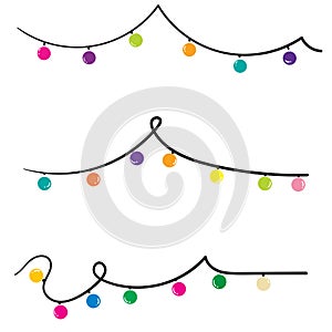 Doodle Christmas lights. Holiday festive xmas decoration. Colorful string fairy light set. Lightbulb glowing garland. Rainbow