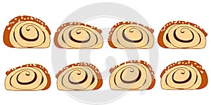 Doodle cinnamon rolls or cinnamon buns side view set. Traditional Finnish cinnamon roll, korvapuusti, slapped ears.