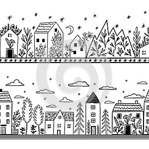 Doodle city street, hand drawn seamless pattern. Line town house, sketch home buildings, cute village, trees and clouds