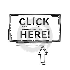 Doodle click here button. Mouse cursor with text for website or computer application, hand drawn vector arrow pointer