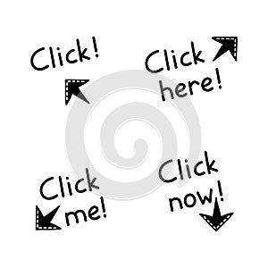 Doodle click here button. Mouse cursor for website or computer application, hand drawn vector arrow pointer