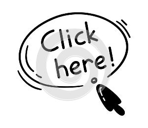 Doodle click here cursor. Mouse button icon with text for website or computer application, hand drawn vector arrow