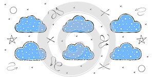 Doodle clouds images. Hand-drawn clouds with texture. Vector scalable graphics