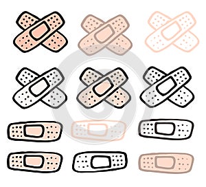 A set of medical patches in different versions. a hand-drawn collection of medical patch contour in the style of black and flesh-