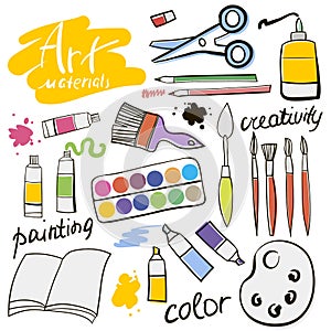 Doodle colored art materials collection. Hand drawn art icons set. Vector Illustration.