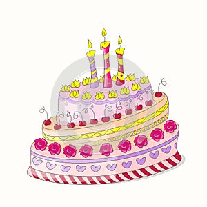 Doodle colorful birthday cake with roses and three candles